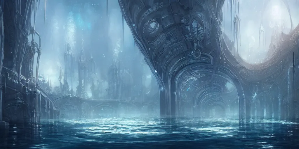 Image similar to underwater city, style epic, symmetrical, insanely detailed, style of charlie bowater, role thomas style ocatne render, artstation trend, hyper detail, epic art style, cinematic, concept art