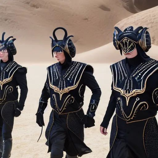 Image similar to medium face shot of adult Austin Butler dressed in futuristic-baroque black-prussian blue garb with embroidered Rams head emblem, and nanocarbon-vest, in an arena in Dune 2021, XF IQ4, f/1.4, ISO 200, 1/160s, 8K, face in-frame