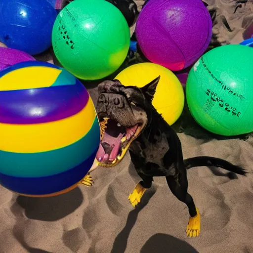 Image similar to snarling hellhound dog playing with a colorful beachball in hell