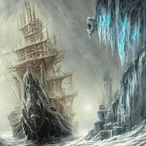 Image similar to ghost ship in hell, cold, icey white lightning, big frozen monstrocity Cthulhu in the background, hyperdetailed, artstation, cgsociety, by GIGER, by H. R. GIGER