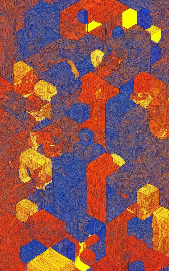 Image similar to cubes and tesseracts. retro art by jean giraud.