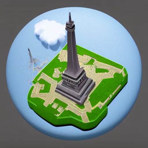 Image similar to an isometric globe with the statue of liberty the eiffel tower and other famous landmarks on it, 3 d render, 3 d model