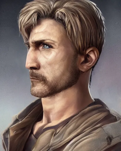 Image similar to portrait of muscular, tired and alcoholic 3 0 - year - old model man with short darkblonde hair, serious sad look in his eyes, dirty beard, blue eyes, crying, wearing dirty soldier uniform, on the desert, hyper realistic face, beautiful eyes, character art, art by mark brooks, hyperdetailed, cryengine, trending on artstation, digital art