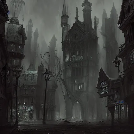 Image similar to dark fantasy Victorian city, digital art, concept art, trending on artstation, highly detailed, grim atmosphere, volumetric lighting