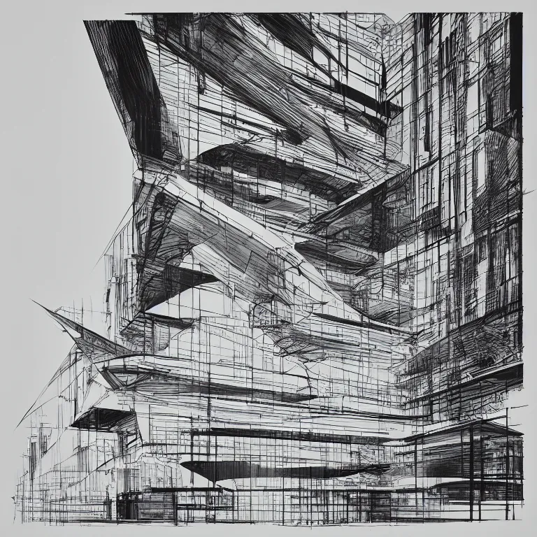 Image similar to a black and white drawing of a architectural elevation by zaha hadid, a screenprint by robert rauschenberg, behance contest winner, deconstructivism, da vinci, constructivism, greeble