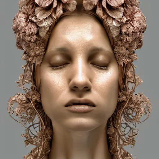 Image similar to beatifull face portrait of a woman, 150 mm, anatomical, flesh, flowers, mandelbrot fractal, facial muscles, veins, arteries, intricate, golden ratio, full frame, microscopic, elegant, highly detailed, ornate, ornament, sculpture, elegant , luxury, beautifully lit, ray trace, unreal, 3d, PBR, in the style of peter Gric , alex grey and Romero Ressendi