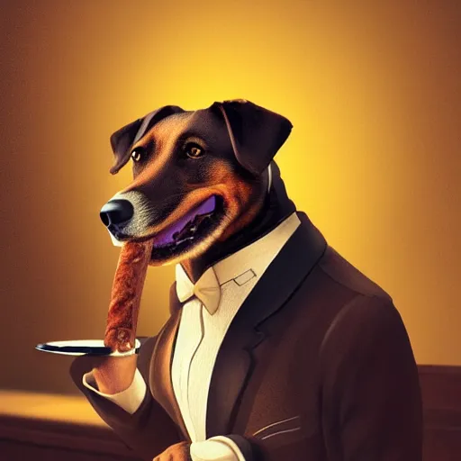 Image similar to a dog wearing a business suit smoking a cigar, dramatic lighting, cinematic, establishing shot, extremly high detail, photorealistic, cinematic lighting, concept art, artstation, style by greg rutkowsky