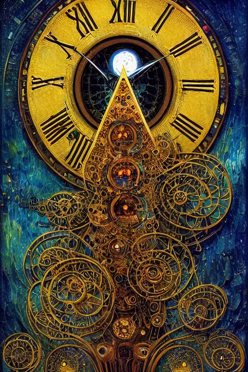 Image similar to The Tomorrow Machine by Karol Bak, Jean Deville, Gustav Klimt, and Vincent Van Gogh, otherworldly, fractal structures, arcane, clockface, spiral clock, inferno, inscribed runes, ornate gilded medieval icon, third eye, spirals