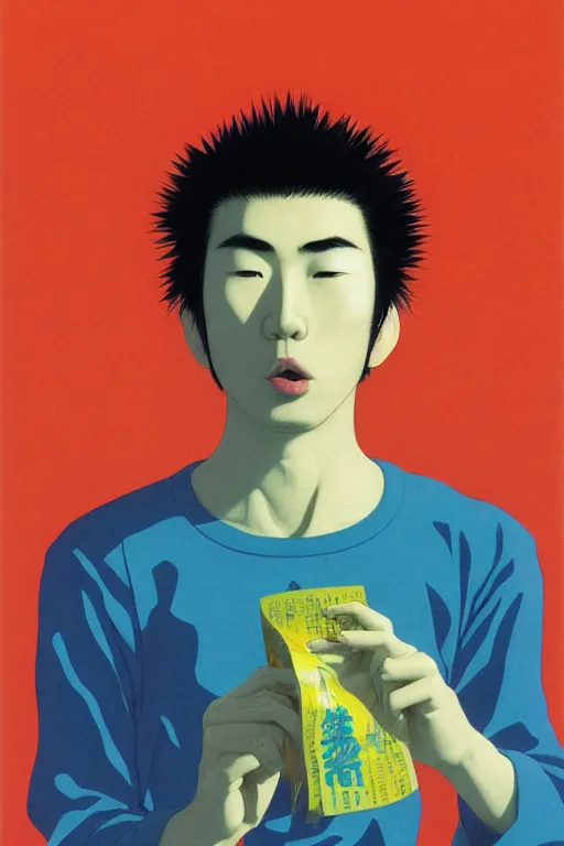 Image similar to a scifi closeup portrait of a young japanese man licking a blotter paper of LSD acid on his tongue and dreaming psychedelic hallucinations in cosmos, by kawase hasui, moebius, Edward Hopper and James Gilleard, Zdzislaw Beksinski, Steven Outram colorful flat surreal design, hd, 8k, artstation