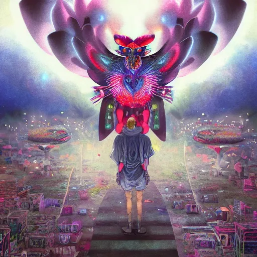 Image similar to 8K centered headshot Portrait of a psychedelic godlike mothman with giant mandala wings smoking a hand-rolled cigarette smoking heavily , magic mushroom village in background , post-processing , award winning. superb resolution. in the art style of Satoshi Kon and Greg Rutkowski . Detailed Mushroom city in background. Hyper realistic anime. Perfect art. Dalle2