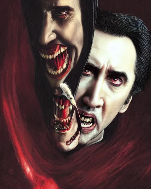 Image similar to nicolas cage as dracula, highly detailed, centered, artstation, concept art, smooth, sharp focus, illustration, bokeh art by artgerm and donato giancola and joseph christian leyendecker