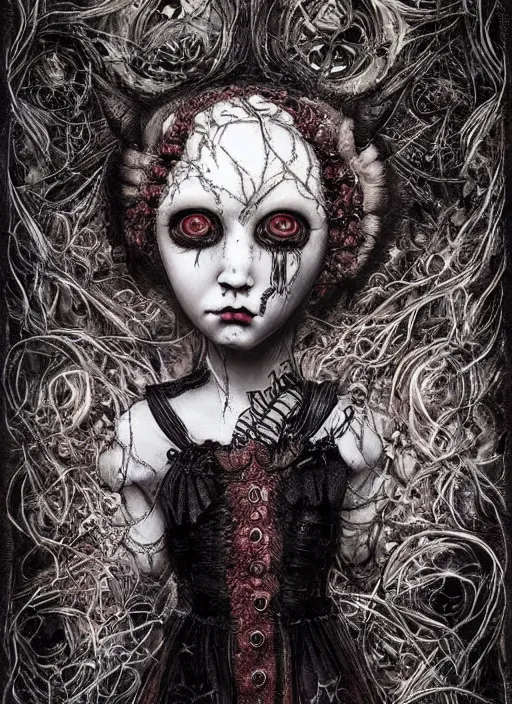 Prompt: portrait of a creepy doll, obsidian eyes, intricate, highly detailed, smooth, digital illustration, the dark and quirky art of scott radke