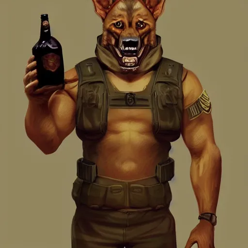 Image similar to a humanoid german shepherd beast - man in military style, holding a bottle of beer, artstation, concept art, smooth, sharp foccus ilustration, artstation