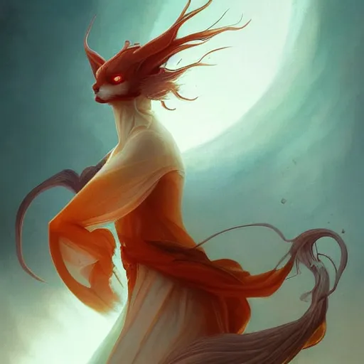 Image similar to prompt A beautiful portrait of a white red orange kumiho, backlit, concept art, matte painting, by Peter Mohrbacher