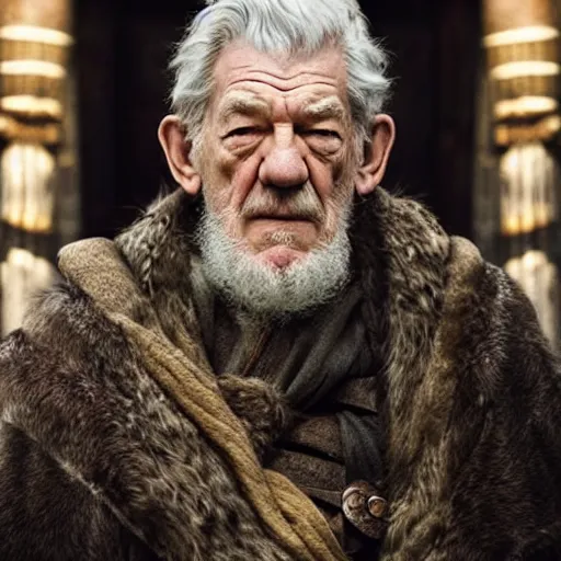 Image similar to sir ian mckellen playing odin all father from the thor movie, highly detailed, cinematic shot, cinematic lighting, 8 k, exquisit facial detail