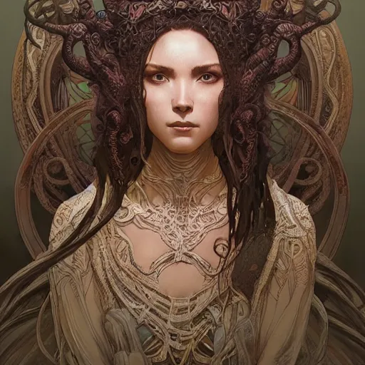 Image similar to a ancient cthulhu goddess, D&D, fantasy, intricate, highly detailed,, artstation, concept art, smooth, sharp focus, art by artgerm and greg rutkowski and alphonse mucha