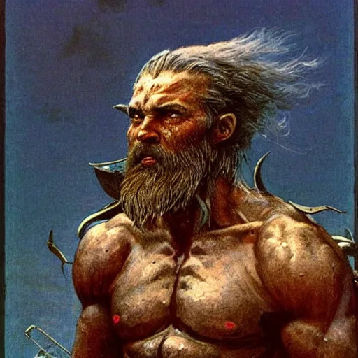 Image similar to zeus in thunder armor concept, bearded, muscular, beksinski