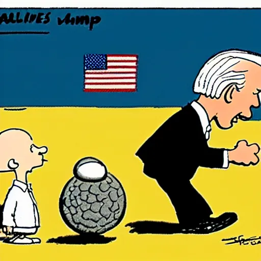 Image similar to a cartoon of joe biden pulling away the nuclear football before trump can kick it, cartoon in the style of peanuts by charles schulz