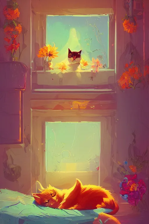 Image similar to a digital art of a cat sleeping in the room with flowers around in the afternoon, the sun shines in, animal, light effect, highly detailed, by anton fadeev