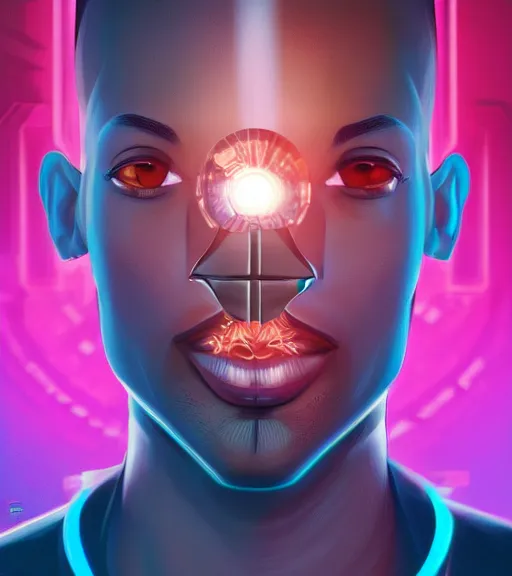 Image similar to symmetry!! egyptian prince of technology, solid cube of light, hard edges, product render retro - futuristic poster scifi, lasers and neon circuits, brown skin man egyptian prince, intricate, elegant, highly detailed, digital painting, artstation, concept art, smooth, sharp focus, illustration, dreamlike, art by artgerm