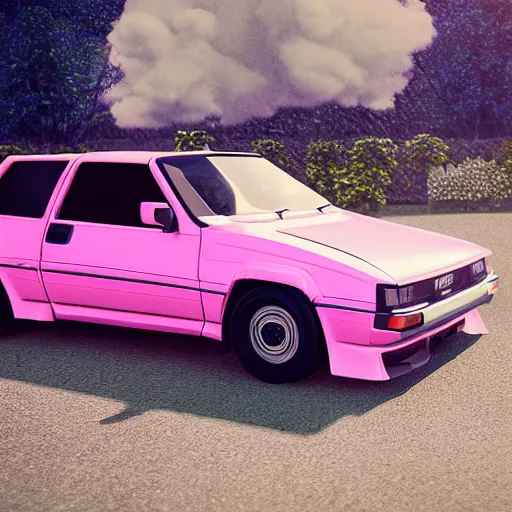 Prompt: pink toyota hachiroku ae 8 6, real photo, posed, full body, instagram photo, zbrush sculpt, octane render, houdini, vfx, cinematic atmosphere, 8 k, unreal engine 5, ultra detailed, photorealistic, ultra realistic