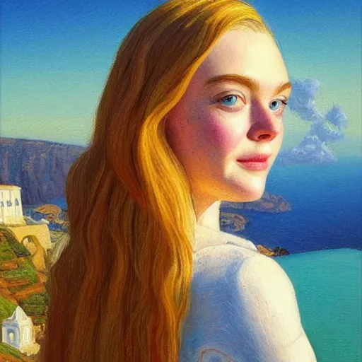 Prompt: professional painting of Elle Fanning in Santorini in the style of Daniel Garber, head and shoulders portrait, symmetrical facial features, smooth, sharp focus, illustration, intricate, stormy weather, extremely detailed masterpiece,