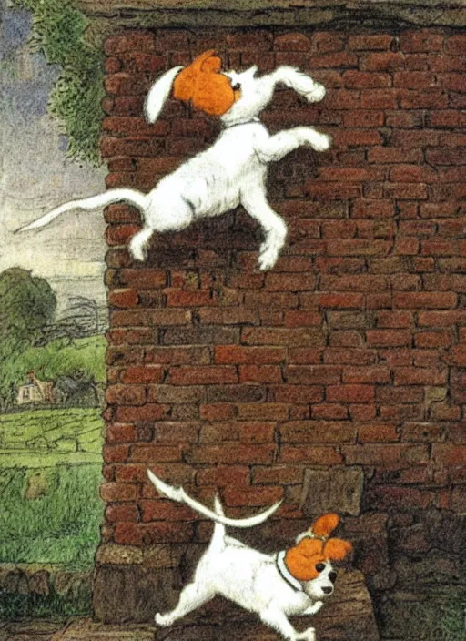 Image similar to jack russel terrier jumping on brick structure, illustrated by peggy fortnum and beatrix potter and sir john tenniel