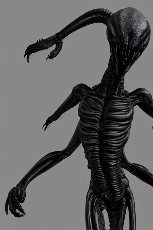 Image similar to neomorph xenomorph design in embrio pose, black, shiny body, hyperrealistic, cinematic lighting