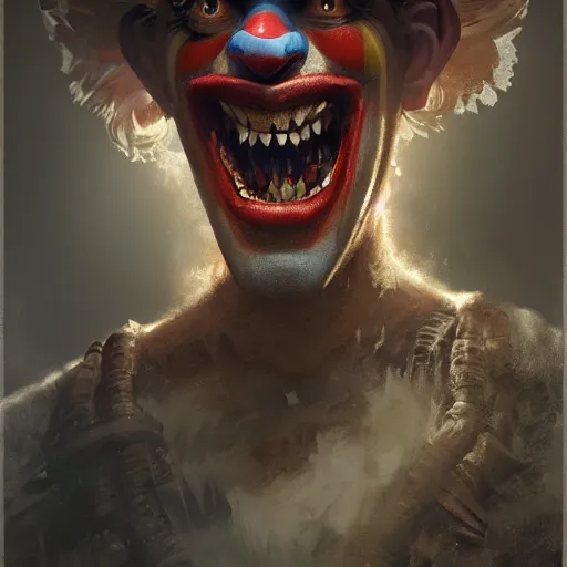 Image similar to clown warrior, pointed teeth, portrait, intricate, detailed, volumetric lighting, scenery, digital painting, highly detailed, artstation, sharp focus, illustration, concept art, ruan jia, steve mccurry