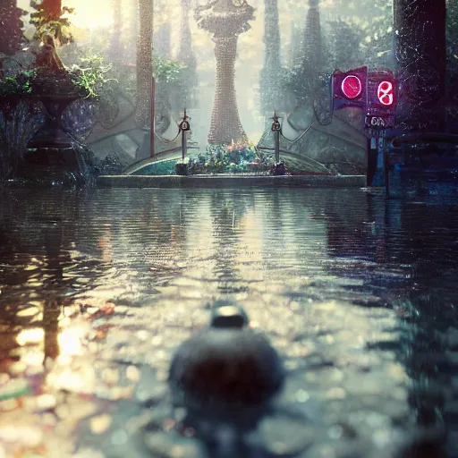 Prompt: wonderland, cinematic, wet reflections, unreal engine 5, octane, smooth, ray tracing, hyper detailed, hyper realism, fantasy, trending on artstation, behance, deviantart