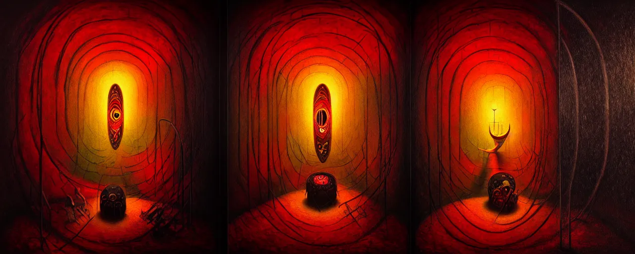 Image similar to trapped hedonic treadmill, dark uncanny surreal painting by ronny khalil, shaun tan, and kandinsky, dramatic lighting from fire glow, mouth of hell, ixions wheel