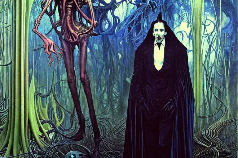 Image similar to realistic extremely detailed portrait painting of an elegantly creepy vampire man dressed as dracula, futuristic sci-fi forest on background by Jean Delville, Amano, Caravaggio, Yves Tanguy, Alphonse Mucha, Ernst Haeckel, Edward Robert Hughes, Roger Dean, rich moody colours