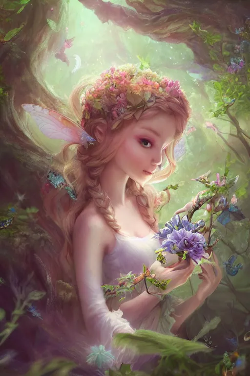 Image similar to a cute and geogerous fairy in the dreamy forest, fantasy, dreamlike, 8 k resolution, hyper detailed, d & d, character design, digital painting, trending on artstation, sharp focus, illustration, art by viktoria gavrilenko, hoang lap, fuji choko, steve zheng,