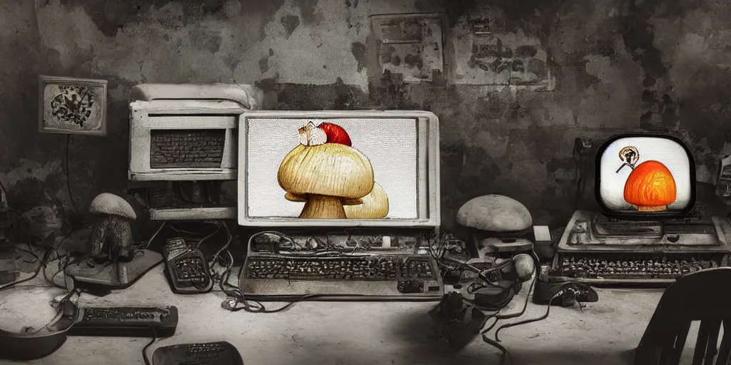 Prompt: a symmetrical portrait of a vintage computer with a mushroom on the screen, in the middle of a post apocalyptic setting,