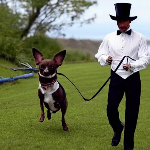 Image similar to a chihuahua wearing a top hat walking Matthew McConaughey on a tightrope
