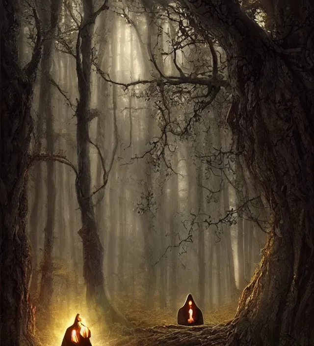 Prompt: hooded monk of the enchanted woods. peace, serenity, stillness, tranquility and a deep sense of magick. cinematic atmospheric lighting, mystical, atmospheric, wicca, painted, intricate, ultra detailed. by dave dorman, well composed, best on artstation, cgsociety, epic, stunning, gorgeous, intricate details, wow, masterpiece