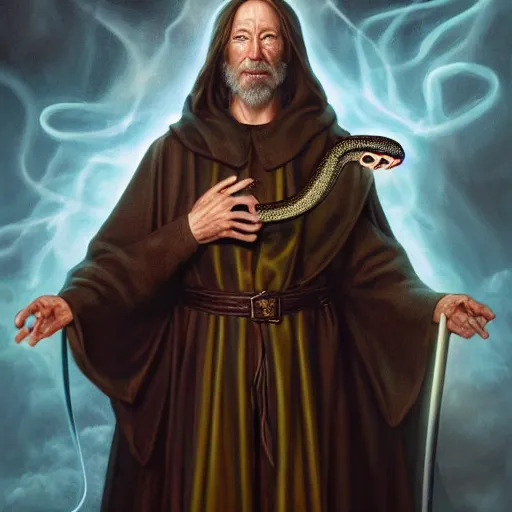 Image similar to a detailed fantasy character painting of Klaus Schwab holding a black glowing snake, devil horns, dressed like Jesus Christ, by lauri blank, artgerm, evelyn de morgan, 8K, 50mm lens