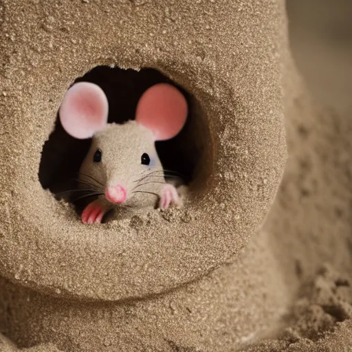 Prompt: dslr photo still of a mouse inside a sand castle, 8 k, 8 5 mm f 1. 4