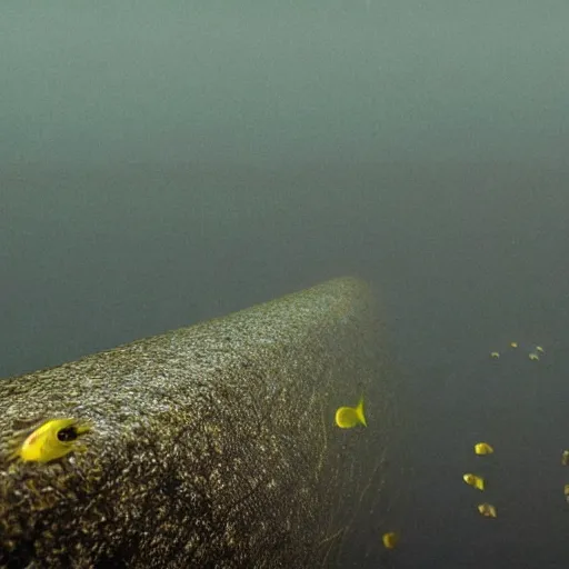 Prompt: hundreds of tiny monster fish with black eyes looking up from the foggy deep water, hyper realistic,