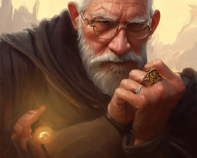 Image similar to old man with a ring on each finger, deep focus, d & d, fantasy, intricate, elegant, highly detailed, digital painting, artstation, concept art, matte, sharp focus, illustration, hearthstone, art by artgerm and greg rutkowski and alphonse mucha
