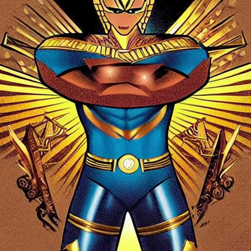 Prompt: egyptian superhero of the sun in the style of marvel