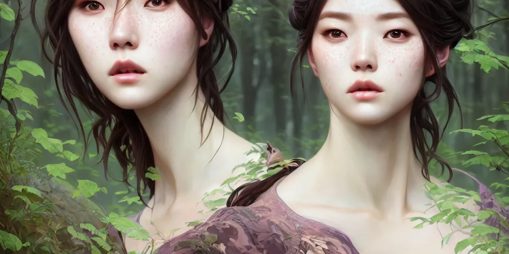 Image similar to beautiful digital painting of a hoyeon jung stylish female forest with high detail, real life skin, freckles, 8 k, stunning detail, works by artgerm, greg rutkowski and alphonse mucha, unreal engine 5, 4 k uhd