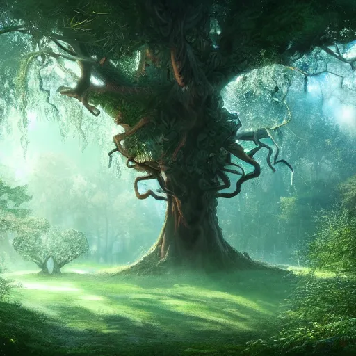 Prompt: tree of life in a magical forest, artstation, concept art, 4k