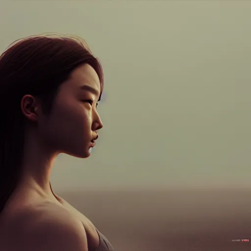 Image similar to a photorealistic hyperrealistic, jade hsu, girl on the beach, beautiful dynamic dramatic low - light moody lighting, cinematic atmosphere, artstation, concept design art, octane render, 8 k