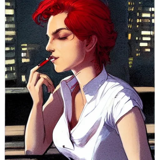 Prompt: a beautiful artwork portrait of a woman with a white shirt and red hair smoking a cigarette on a hotel balcony at night by Jerome Opeña, featured on artstation