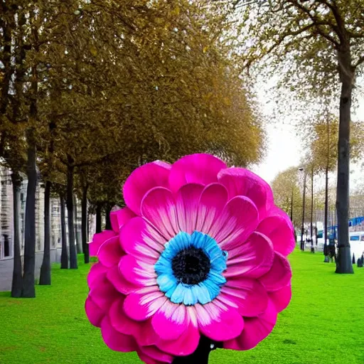 Prompt: giant flower head, woman walking in paris, surreal photography, symmetry, flat space, fanciful, bright colours, detailed, wes anderson