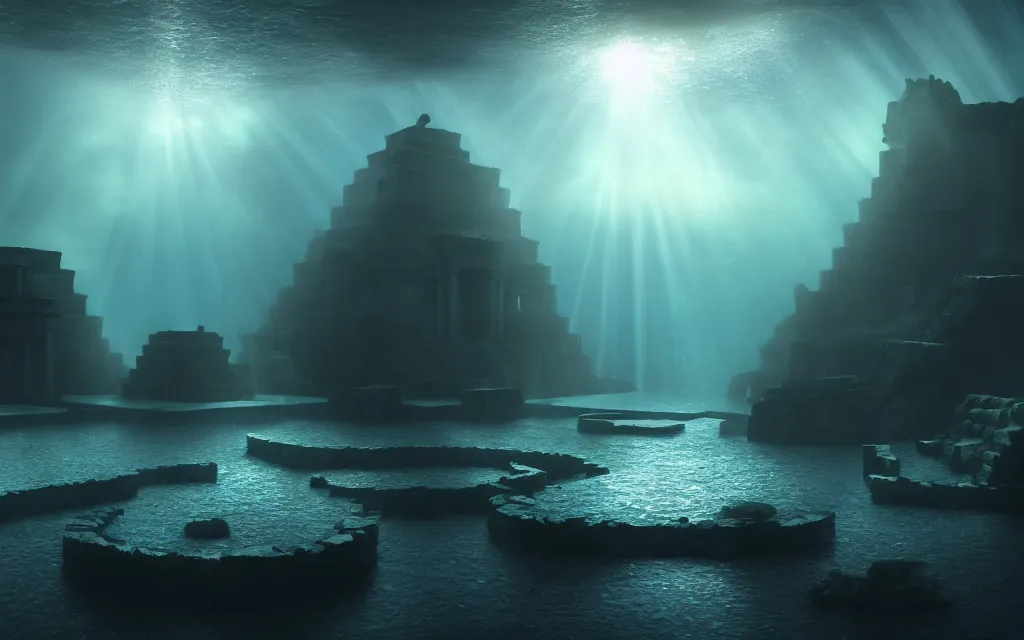 Image similar to wide shot, submerged pre - incan temple, dark, grenada underwater sculpture park, bubbles, abyss, stylized, anime style mixed with fujifilm, detailed gouache paintings, crepuscular rays, dark, murky, foggy, atmospheric, artstation, cgsociety, octane render, cgi, unreal engine 5, denoise, cinematic masterpiece