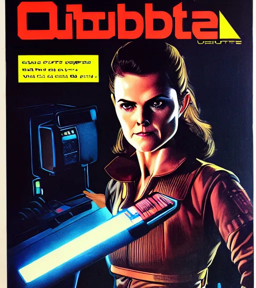 Prompt: cable plugged in, side of head, keri russell, cyberdeck computer terminal, 1 9 7 9 omni magazine cover, style by vincent di fate, cyberpunk 2 0 7 7, very coherent, detailed, 4 k resolution, unreal engine, daz