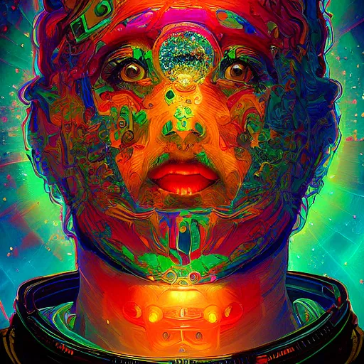 Image similar to An extremely psychedelic experience, colorful, surreal, dramatic lighting, cosmonaut, LSD, face, detailed, intricate, elegant, highly detailed, digital painting, artstation, concept art, smooth, sharp focus, illustration, art by Sam Spratt, Dan Mumford, Artem Demura and Alphonse Mucha