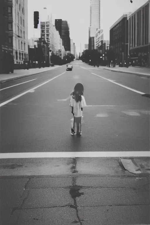 Image similar to photo polaroid of sad and lonely child in the middle of an empty street in a big city, photorealistic, 35mm film, black and white, polaroid,